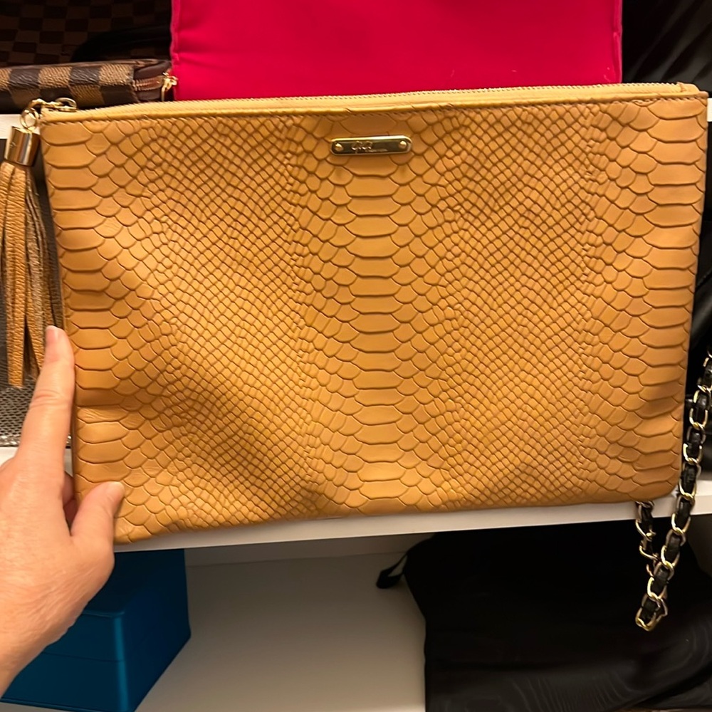 Gigi New York Tan Python Embossed Leather Uber Clutch XL. 13X9.